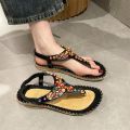 Sandals Women's 2023 New Women's Shoes Spring Bohemian Clip Foot Flat Sandals Women's Beaded Beach Shoes Women's Korean Version.