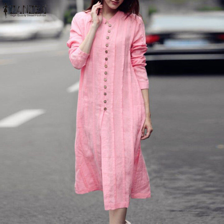 ZANZEA Women Fashion Round Neck Shirtdress Versatile Button Down Side Split Dresses #15
