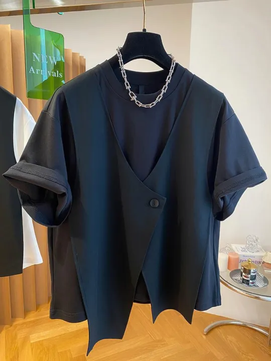 Fashion%20Two%20Piece%20T%20Shirt%20Women%20Niche%20Design%20Sense%20T-shirt%20Loose%20Casual%20Stitching%20Vest%20Button%20Short%20Sleeve%20Tshirt%20-%20Image%203