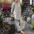 Women closet Shirt Pants Set Solid Color Lapel Long Sleeve Wide Leg Pants Casual. 