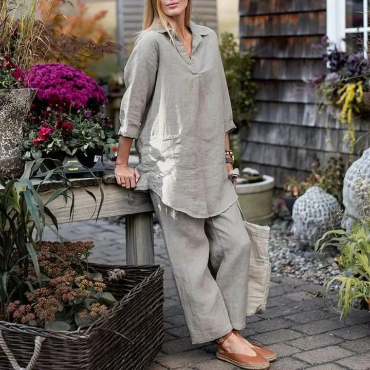 Women%20closet%20Shirt%20Pants%20Set%20Solid%20Color%20Lapel%20Long%20Sleeve%20Wide%20Leg%20Pants%20Casual%20-%20Image%202