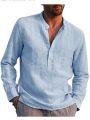 men's long sleeve V-neck leisure loose linen shirt with pocket fashion casual shirt. 