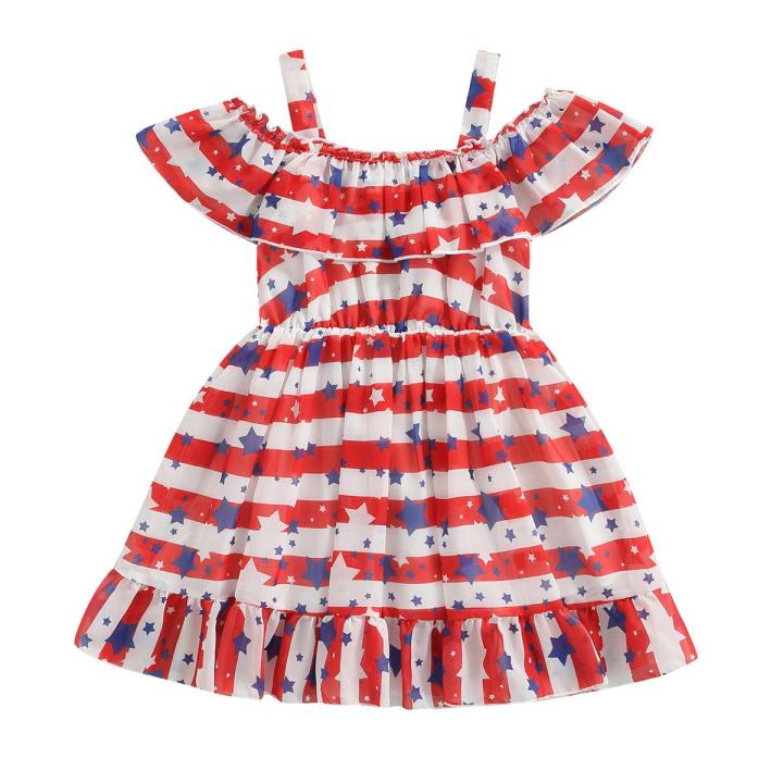 Kids Girls Independence Day Dress Stars Stripe Print Ruffles Sling Dress Toddler Summer Sleeveless Princess Dress