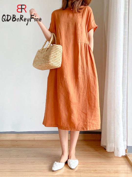 Summer%20Women%20Dress%20Casual%20Loose%20Short%20Sleeve%20A-LINE%20Oversize%20Solid%20Midi%20Dress%20Cotton%20Linen%20Dresses%20for%20Women%20Vestidos%20De%20Mujer%20-%20Image%202