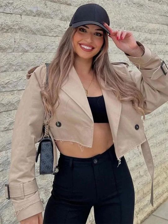 ZBZA%20Women's%20Fashion%20Belt%20Embellished%20Short%20Trench%20Coat%20Long%20Sleeve%20Front%20Button%20High%20Street%20Jacket%20Khaki%20Twill%20Slim%20Fit%20Jacket%20-%20Image%205