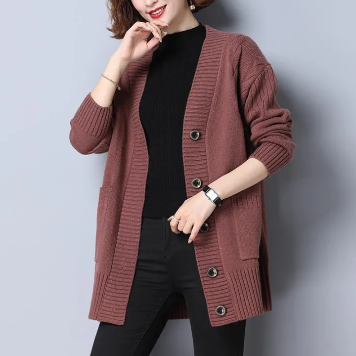 Autumn%20Winter%20Long%20All-match%20Fashion%20Women%20Sweater%20Coat%20Pockets%20Button%20Long%20Sleeve%20V-Neck%20Warm%20Loose%20Solid%20Casual%20Knit%20Cardigans%20-%20Image%202
