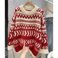 Christmas Red Sweater Women's Autumn and Winter New Popular Retro Loose Soft Glutinous Western Style Knitted Top.