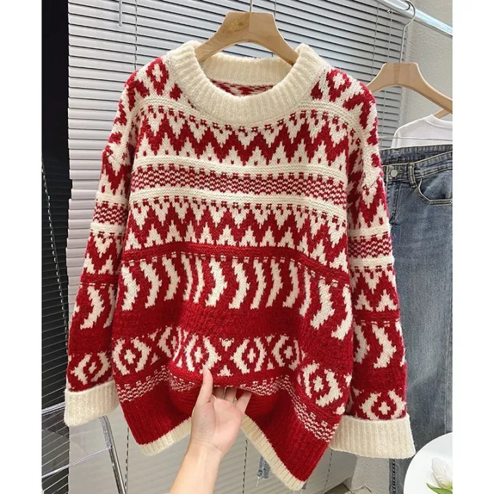 Christmas%20Red%20Sweater%20Women's%20Autumn%20and%20Winter%20New%20Popular%20Retro%20Loose%20Soft%20Glutinous%20Western%20Style%20Knitted%20Top%20-%20Image%203