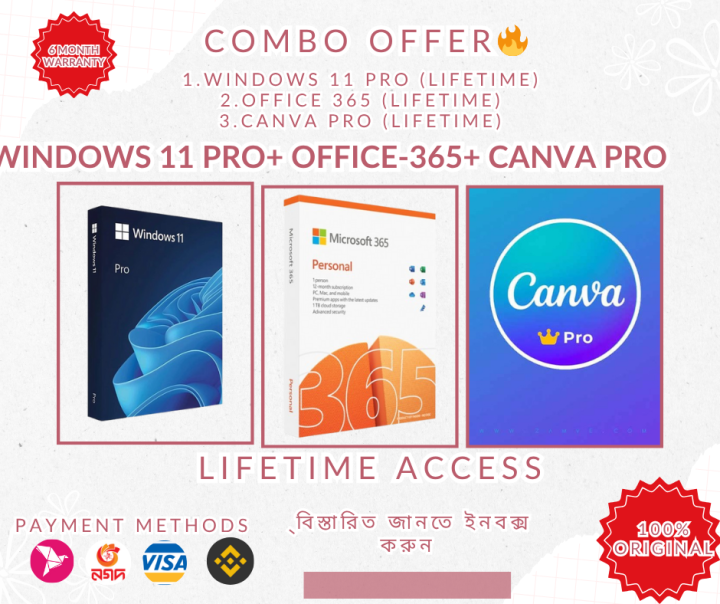 COMBO Windows 11 Pro key, Microsoft Office 365 5 Device Account and Canva pro Account All are lifetime Validity. 100% Genuine [Email Delivery instant]