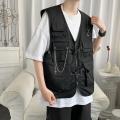 Men'S Cargo Vest Multi Pockets Sleeveless Solid Color V Neck Loose Match Pants Zipper Chain Decor Men Waistcoat Men Clothes. 