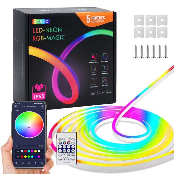 5M Waterproof Outdoor USB 5V RGB Neon Rope Light Full Kit Smart APP ...