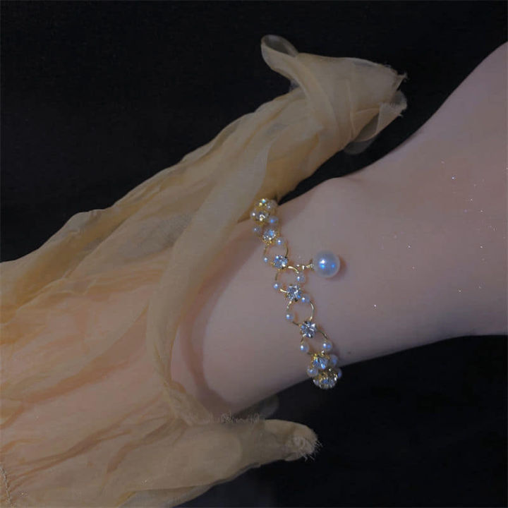 New%20Sweet%20Romantic%20Pearl%20Rhinestone%20Crossed%20Gold%20Colour%20Bracelet%20Set%20for%20Women%20-%20Image%202