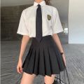【Three-Piece Suit】Two-Piece Preppy Style Pleated Skirt Suit Female Summer Loose Shirt Female Student Korean Style Uniform. 