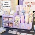Ins Kawaii Desk Organizer Storage Box Cute Bear Handle Drawer Stationery Pen Holder Sticky Note Tape Storage Box Organizer Rack.