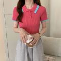 Knitted sweater for women, short-sleeved summer polo shirt with lapel for small people, slim fit, navel-baring short fashion high-waisted top.