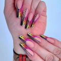 24pcs Press on Nails Punk Black White Patchwork Fire Pattern Long Coffin False Nails Ballerina Nail Art Manicure Full Tips.