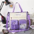 Canvas Woman Handbag Spans Large Capacity Collapsible Student Cute Sticker Tote Bag Zipper Tote Bag Shopping Bag Book Bag Girl. 