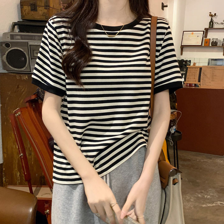 Korean Style Black Striped round Neck Contrast Color Short Sleeve T T-shirt Women's Spring and Autumn New Hong Kong Style Retro Easy Matching Bottoming Shirt Inner Wear