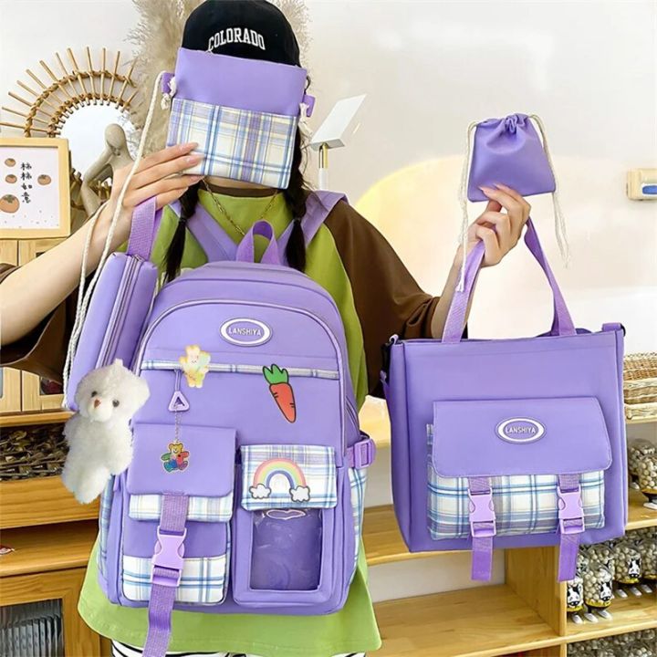 5pcs Harajuku Youth Women Canvas Backpack School Bags For Teenage Girls Kawaii Backpacks Student Tote Book Bag Rucksack