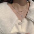 Korean Shiny Double Layer Butterfly Necklace for Women, Rhinestone Clavicle Chain, Elegant Wedding Jewelry.