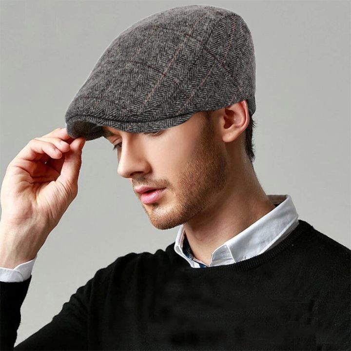 French%20Style%20Vintage%20Beret%20Hat%20Caps/British%20Classic%20Check%20Wool%20Beret/Flat%20Dome%20Short%20Brim%20Artist%20Painter%20Hat%20For%20Men%20-%20Image%203