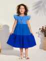 Kids’ Patchwork Midi Dress – Casual, Color Block, Flounce Sleeves, High Waist, Plain Design.