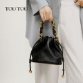 TOUTOU Genuine Leather Quilted Drawstring Bucket Bag for Women with Chain Strap Crossbody Handbag for Daily Use and Commuting. 