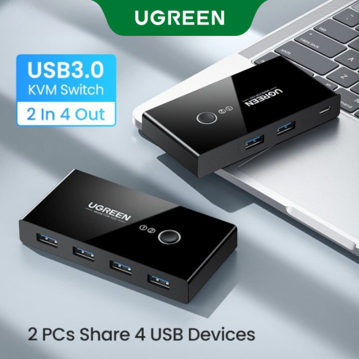 UGREEN USB 3.0 Sharing Switch Selector 4 Port 2 Computers Peripheral Switcher Adapter Hub for PC, Printer, Scanner, Mouse, Keyboard with One Button Swapping and 2 Pack USB Male Cable