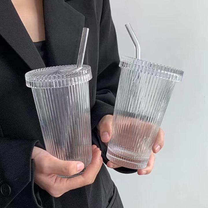 375ml Stripe glass cup Elegant glasses With lid and straw Lid straw cup Birthday gifts Glass material Japanese style cup for