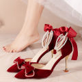 French Xiuhe Wedding Dress Two-Way Wedding Shoes Summer Women's Bridal Shoes Stiletto Toe Box Sandals Women's Pearl Red High Heels.