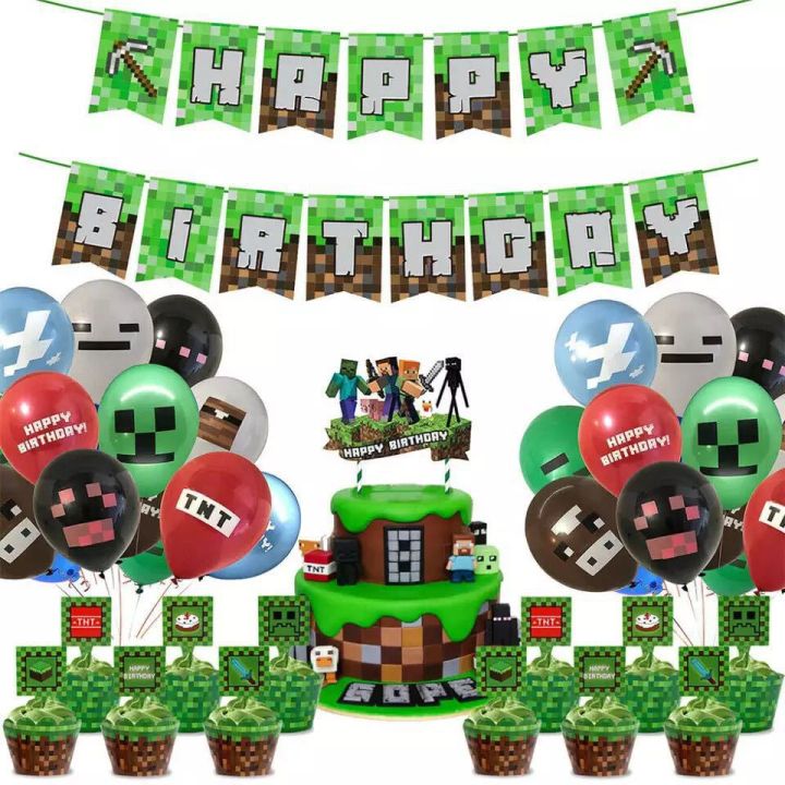 Minecraft%20theme%20foil%20balloon%20cartoon%20children's%20birthday%20decoration%20banner%20topper%20plate%20-%20Image%203