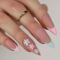 24pcs Almond French Red Love Heart False Nails Blue White Flowers Stiletto Nials Press On Nails Manicure Nail Tips. 