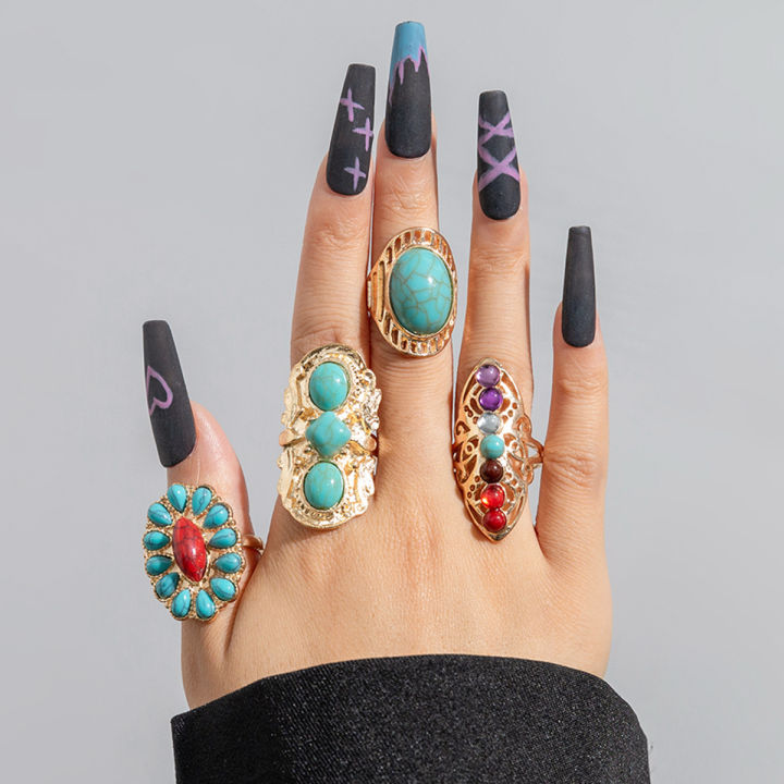 4pcs/Set Wholesale Boho Ring Set Baroque Gemstone Rings Adjustable