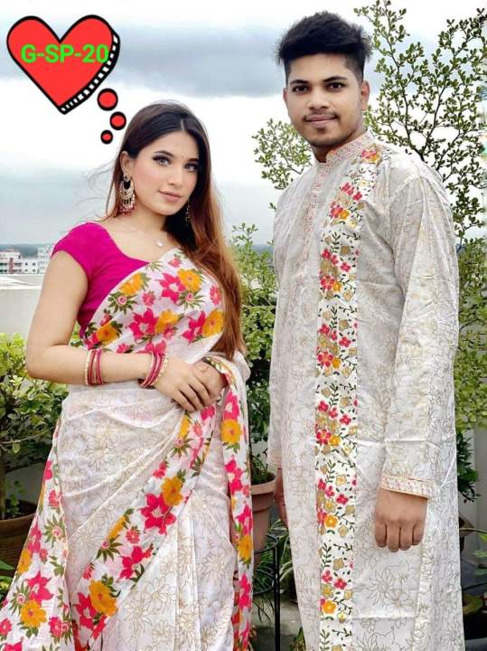 New Item Block Print Exclusive Designer Dhupiyan Saree And Dhupiyan Panjabi For Combo Couple Dress - Sharee For Women