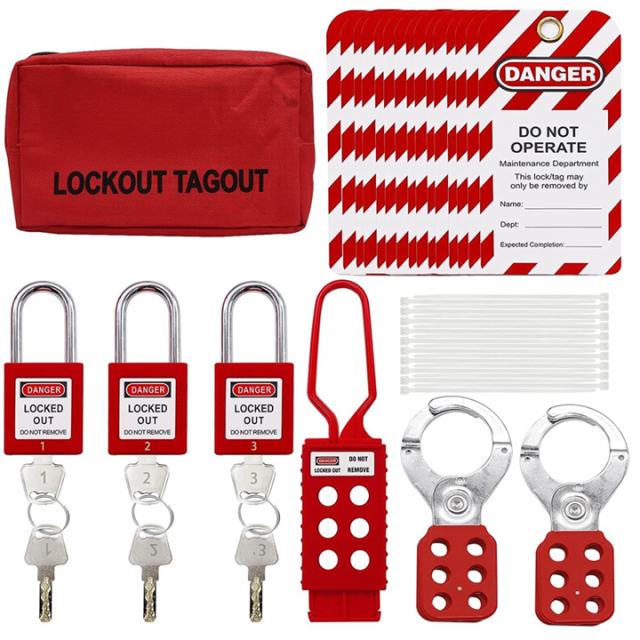 Lockout Tagout Kit, Nylon Ties, Safety Padlocks with Number,Group Lockout Hasps, Universal Kit with Red Pocket Bag Durable Easy to Use