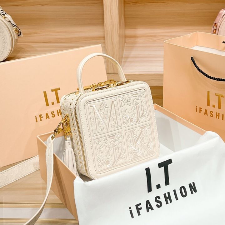 High-quality leather embroidery handbox bag bag women's 2024 new cross-border fashion wide shoulder strap shoulder crossbody bag