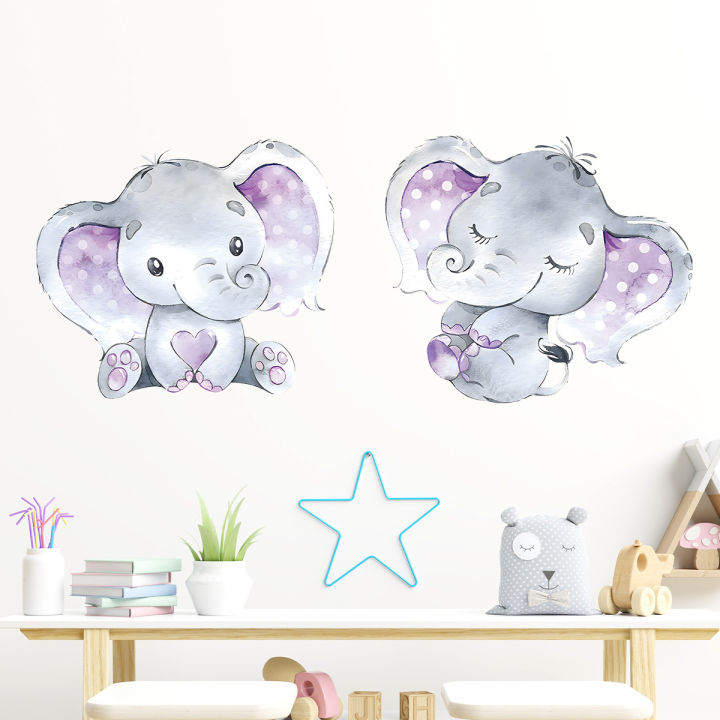 Cute baby elephant self adhesive wall sticker cartoon purple living room kids room home décor sticker BR0212H