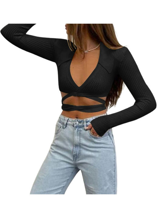 Women's%20Long%20Sleeve%20Crop%20Tops,%20Solid%20Color%20Knit%20Ribbed%20Deep%20V-Neck%20Cross%20Strappy%20Show%20Navel%20Knitwear%20-%20Image%204