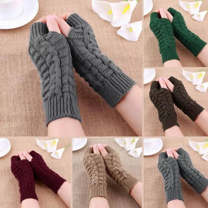 Women Men Twist Crochet Knitted Fingerless Gloves Hand Warmer Winter Gloves  Short Arm Sleeve Warm Solid Color Mittens