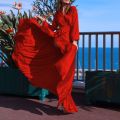 Fashion Women's Elegant Solid Color Banquet Evening Dress Spring And Autumn Deep V-Neck Stitching Slit Irregular Long Dress. 