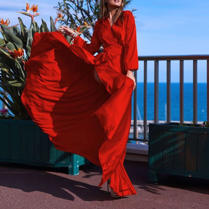 Fashion%20Women's%20Elegant%20Solid%20Color%20Banquet%20Evening%20Dress%20Spring%20And%20Autumn%20Deep%20V-Neck%20Stitching%20Slit%20Irregular%20Long%20Dress%20-%20Image%202