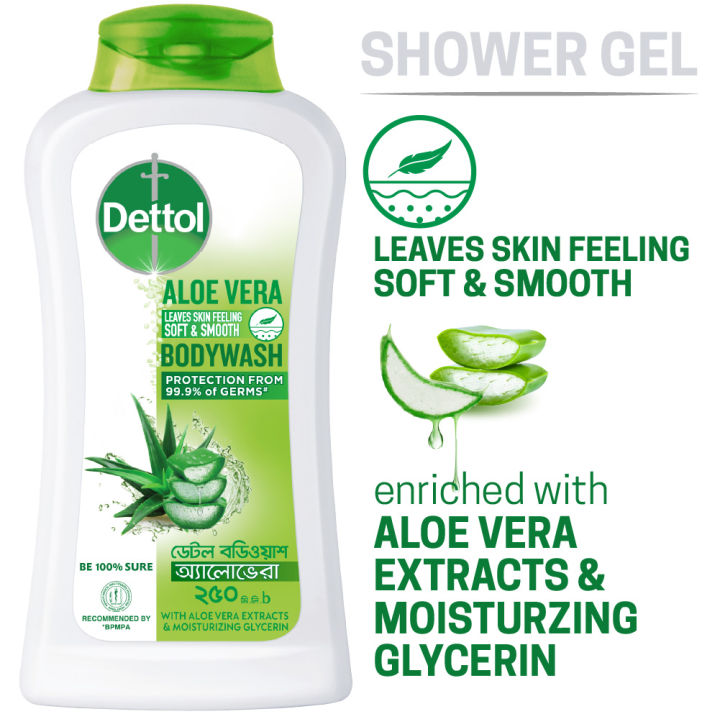 Dettol Aloe Vera with Moisturizing Glycerin Bodywash Leaves Skin Feeling Soft & Smooth 250ml