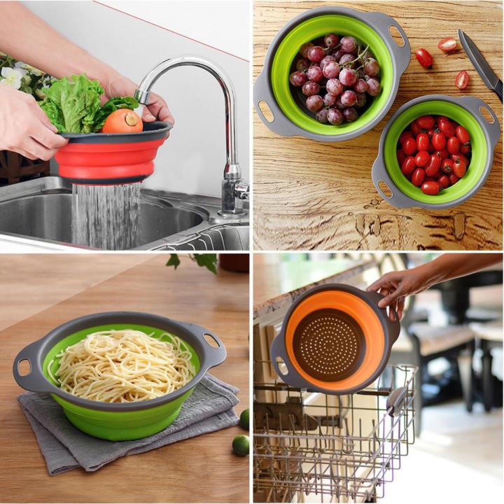 Collapsible Colander, Set Of 2 Round Silicone Sink Kitchen Strainer Set Folding Water Filter Basket with Handles for Draining Pasta, Vegetable and Fruit