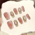 10Pcs Handmade Nails Pink Crystal Cat Eye Sparkling White Bubble Press On Nails with Glue Acrylic Artificial Nail Tips Art. 