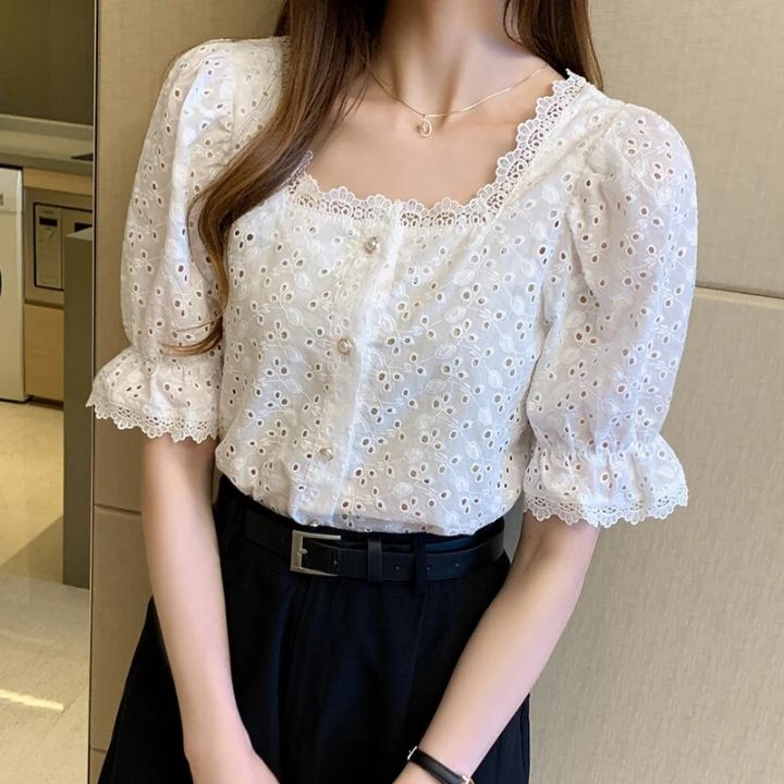 Fashion%20Summer%20Short%20Sleeve%20Shirts%20Woman%20White%20Blouse%20Women%202023%20Elegant%20Square%20Collar%20Hollow%20Out%20Korean%20Lace%20Shirt%20Blusas%2013934%20-%20Image%202