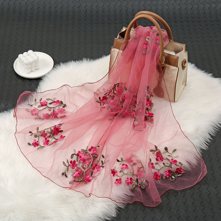 New Floral Embroidery Chiffon Silk Scarf Women Muslim Hijab Headscarf Soft Wraps Headband Summer Sunscreen Shawls Beach Shawls