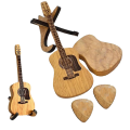 Wooden Guitar Shaped Guitar Picks Holder Wooden Pick Box with Stand, Vintage Guitar Case for Selection. 