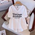 Split Short Sleeve T T-shirt Women's Summer New Korean Style Loose Slimming Large Size V Collar Top Female Fashion.