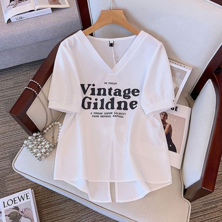 Split Short Sleeve T T-shirt Women's Summer New Korean Style Loose Slimming Large Size V Collar Top Female Fashion
