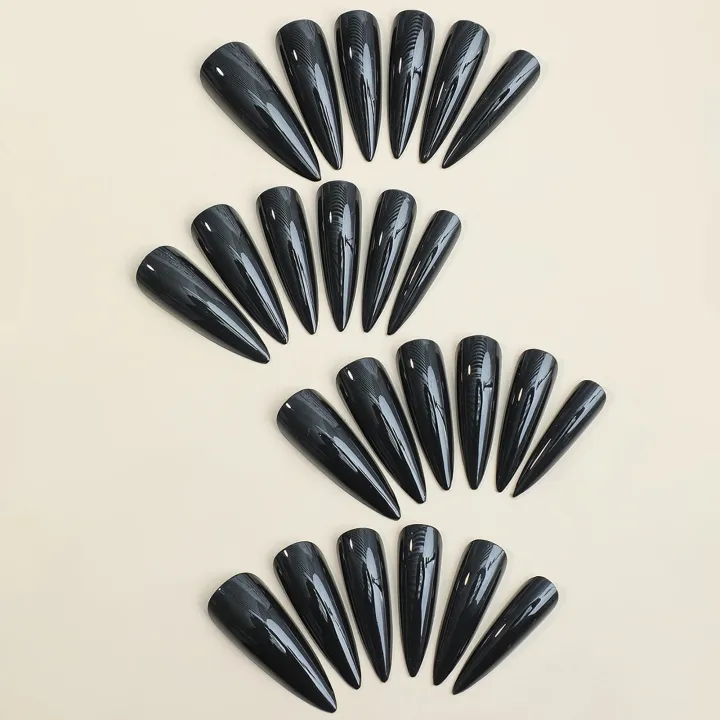 24pcs%20Glossy%20Black%20Nails%20Set%20Press%20On%20Nail%20Tips%20Solid%20Color%20Long%20Stiletto%20Removable%20Artificial%20Nails%20Decoration%20Nail%20Art%20-%20Image%203